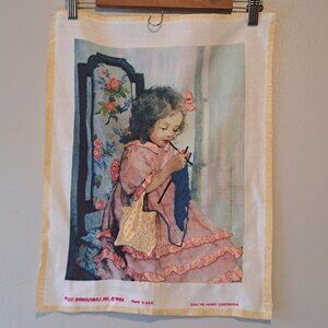 Vintage Tapestry‎ Embroidered Girl Knitting mAde in Usa 19IN x 15IN